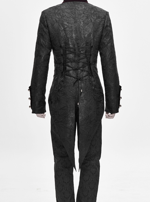 Gothic Retro Jacquard Woven Splicing Velvet Fabric Front Center Tie Metal Button Decoration Black Swallowtail Coat