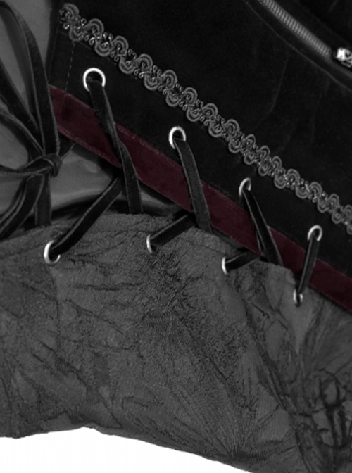 Gothic Retro Jacquard Woven Splicing Velvet Fabric Front Center Tie Metal Button Decoration Black Swallowtail Coat