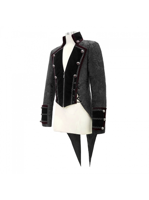 Gothic Retro Jacquard Woven Splicing Velvet Fabric Front Center Tie Metal Button Decoration Black Swallowtail Coat