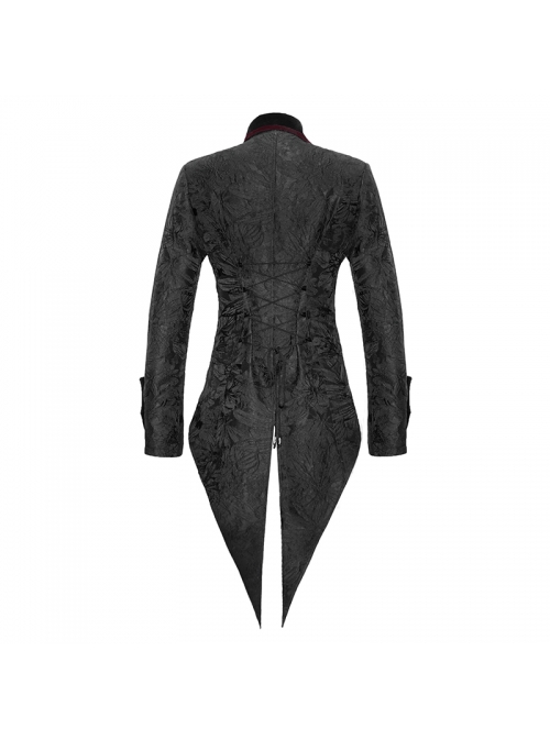 Gothic Retro Jacquard Woven Splicing Velvet Fabric Front Center Tie Metal Button Decoration Black Swallowtail Coat