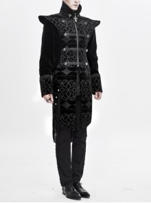 Gothic Style Exquisite Palace Print Splicing Velvet Fabric Side Slits Retro Ribbon Black Stand Collar Coat
