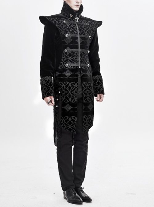 Gothic Style Exquisite Palace Print Splicing Velvet Fabric Side Slits Retro Ribbon Black Stand Collar Coat