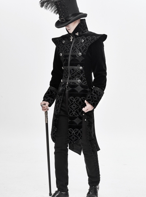Gothic Style Exquisite Palace Print Splicing Velvet Fabric Side Slits Retro Ribbon Black Stand Collar Coat