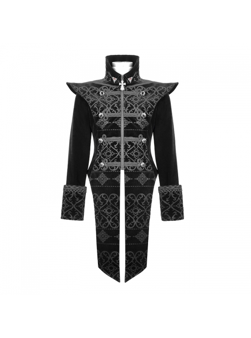 Gothic Style Exquisite Palace Print Splicing Velvet Fabric Side Slits Retro Ribbon Black Stand Collar Coat