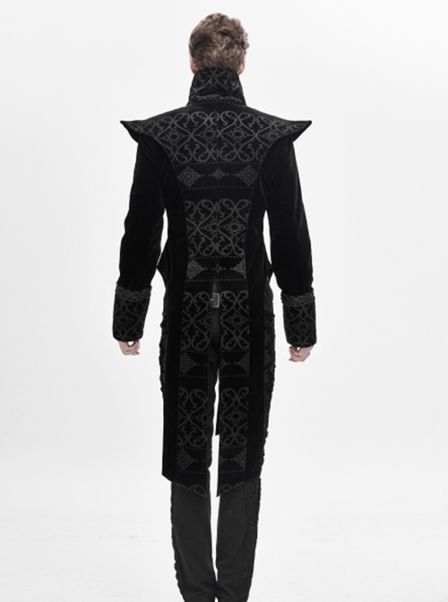 Gothic Style Exquisite Palace Print Splicing Velvet Fabric Side Slits Retro Ribbon Black Stand Collar Coat