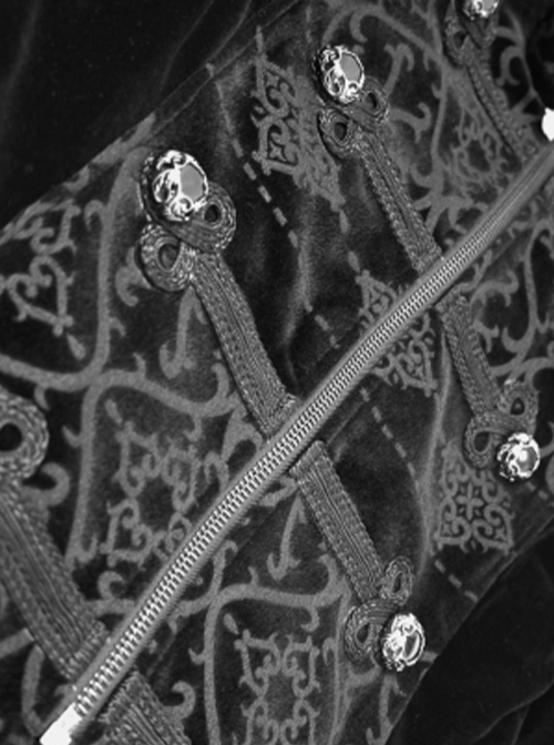 Gothic Style Exquisite Palace Print Splicing Velvet Fabric Side Slits Retro Ribbon Black Stand Collar Coat