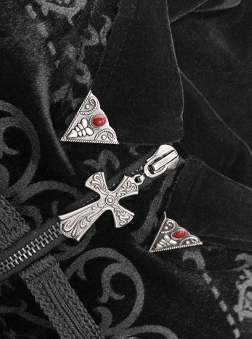 Gothic Style Exquisite Palace Print Splicing Velvet Fabric Side Slits Retro Ribbon Black Stand Collar Coat