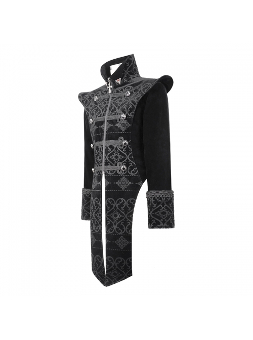 Gothic Style Exquisite Palace Print Splicing Velvet Fabric Side Slits Retro Ribbon Black Stand Collar Coat