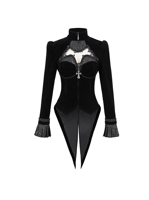 Gothic Style Exquisite Applique Hollow With Bat Wing Spiked Hem Black Vintage Long Sleeve Jacket