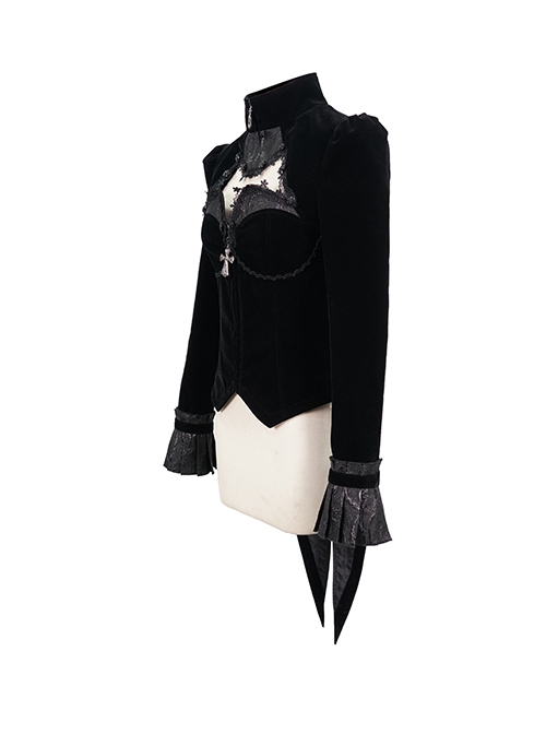 Gothic Style Exquisite Applique Hollow With Bat Wing Spiked Hem Black Vintage Long Sleeve Jacket