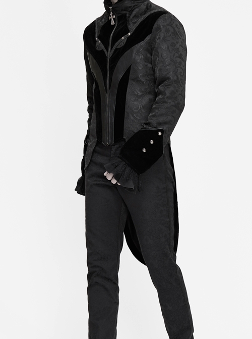 Gothic Style Ruffled Stand Collar Jacquard Fabric Center Front Leather Embroidery Black Swallowtail Coat