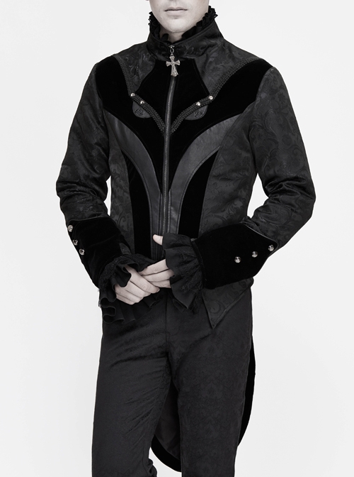 Gothic Style Ruffled Stand Collar Jacquard Fabric Center Front Leather Embroidery Black Swallowtail Coat
