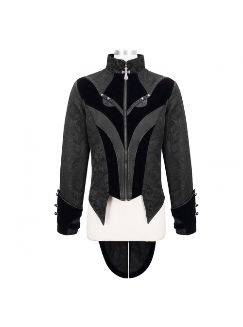 Gothic Style Ruffled Stand Collar Jacquard Fabric Center Front Leather Embroidery Black Swallowtail Coat