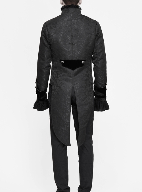 Gothic Style Ruffled Stand Collar Jacquard Fabric Center Front Leather Embroidery Black Swallowtail Coat