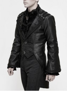 Gothic Retro Lapel Leather Stitching Jacquard Metal Pattern Buckle Black Lace Wide Sleeve Coat