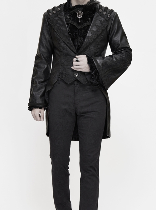 Gothic Retro Lapel Leather Stitching Jacquard Metal Pattern Buckle Black Lace Wide Sleeve Coat
