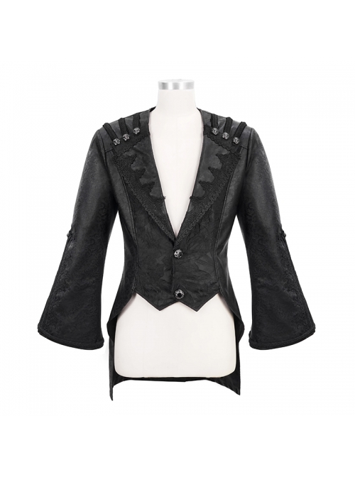 Gothic Retro Lapel Leather Stitching Jacquard Metal Pattern Buckle Black Lace Wide Sleeve Coat