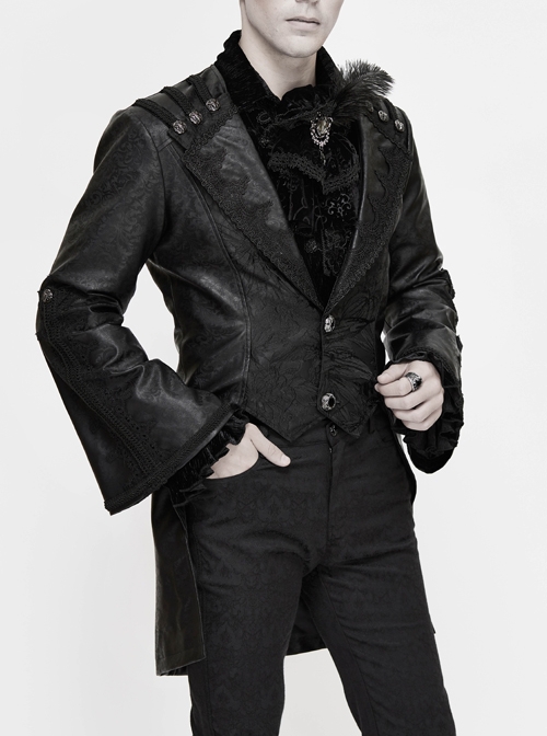 Gothic Retro Lapel Leather Stitching Jacquard Metal Pattern Buckle Black Lace Wide Sleeve Coat