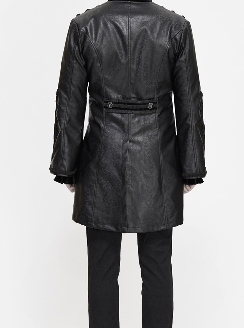 Gothic Retro Lapel Leather Stitching Jacquard Metal Pattern Buckle Black Lace Wide Sleeve Coat