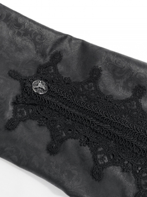 Gothic Retro Lapel Leather Stitching Jacquard Metal Pattern Buckle Black Lace Wide Sleeve Coat