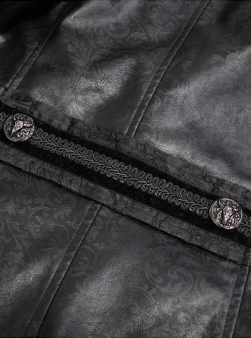 Gothic Retro Lapel Leather Stitching Jacquard Metal Pattern Buckle Black Lace Wide Sleeve Coat