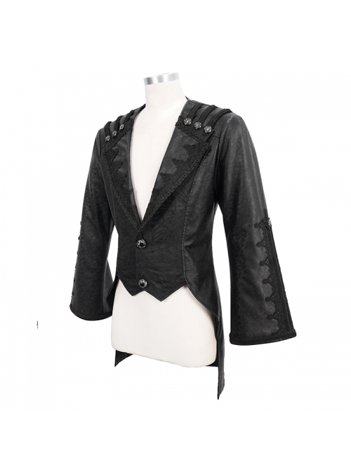 Gothic Retro Lapel Leather Stitching Jacquard Metal Pattern Buckle Black Lace Wide Sleeve Coat