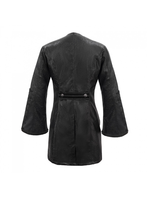 Gothic Retro Lapel Leather Stitching Jacquard Metal Pattern Buckle Black Lace Wide Sleeve Coat