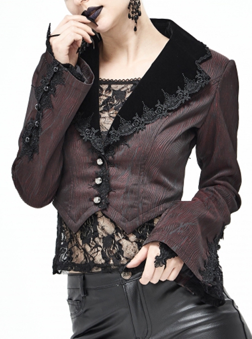 Gothic Style Personalized Metal Buckle Detachable Lace Drawstring Decoration Front Center Metal Buckle Burgundy Jacquard Short Jacket