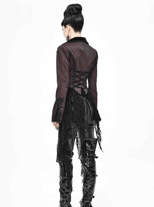 Gothic Style Personalized Metal Buckle Detachable Lace Drawstring Decoration Front Center Metal Buckle Burgundy Jacquard Short Jacket