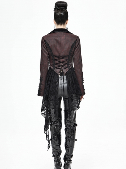 Gothic Style Personalized Metal Buckle Detachable Lace Drawstring Decoration Front Center Metal Buckle Burgundy Jacquard Short Jacket