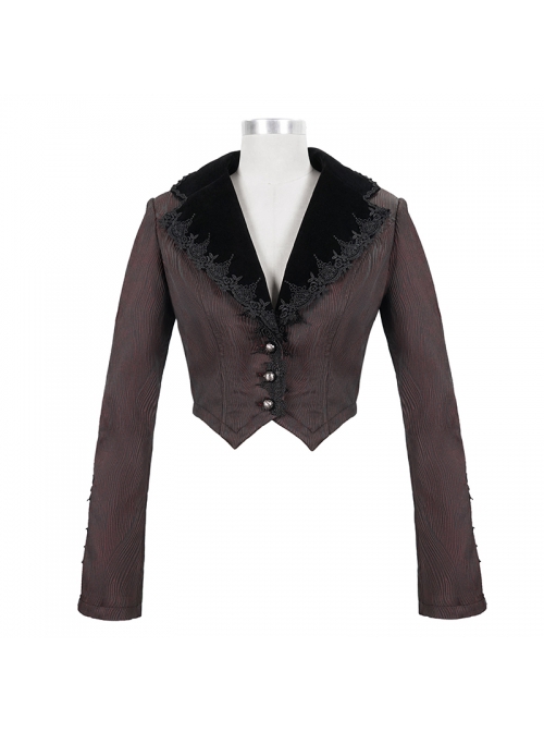 Gothic Style Personalized Metal Buckle Detachable Lace Drawstring Decoration Front Center Metal Buckle Burgundy Jacquard Short Jacket