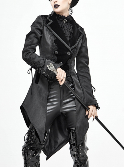Gothic Style Personality Vertical Stripes Jacquard Fabric Front Center Applique Metal Button Cuffs Tied Black Swallowtail Lace Coat