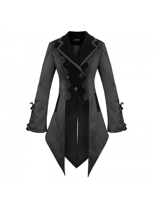 Gothic Style Personality Vertical Stripes Jacquard Fabric Front Center Applique Metal Button Cuffs Tied Black Swallowtail Lace Coat
