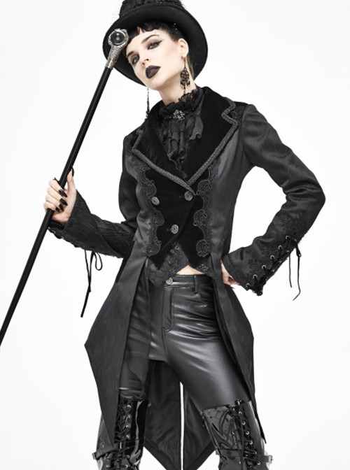 Gothic Style Personality Vertical Stripes Jacquard Fabric Front Center Applique Metal Button Cuffs Tied Black Swallowtail Lace Coat