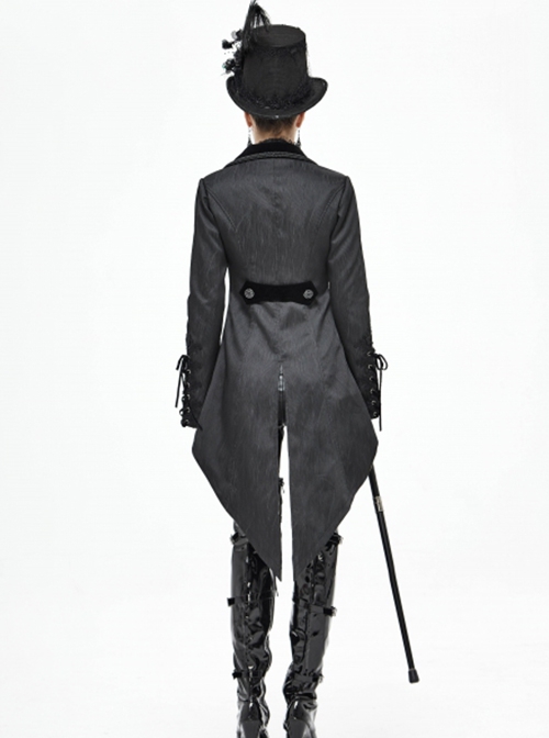 Gothic Style Personality Vertical Stripes Jacquard Fabric Front Center Applique Metal Button Cuffs Tied Black Swallowtail Lace Coat