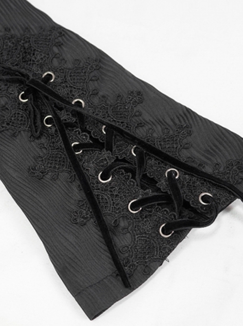 Gothic Style Personality Vertical Stripes Jacquard Fabric Front Center Applique Metal Button Cuffs Tied Black Swallowtail Lace Coat