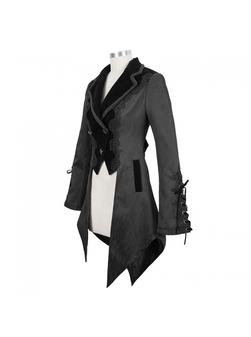 Gothic Style Personality Vertical Stripes Jacquard Fabric Front Center Applique Metal Button Cuffs Tied Black Swallowtail Lace Coat