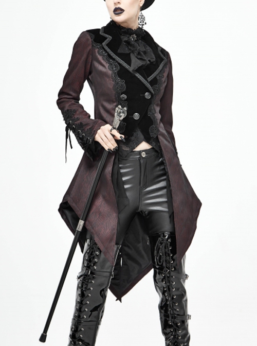Gothic Style Personality Vertical Stripes Jacquard Fabric Front Center Applique Metal Button Cuffs Tied Wine Red Swallowtail Lace Coat