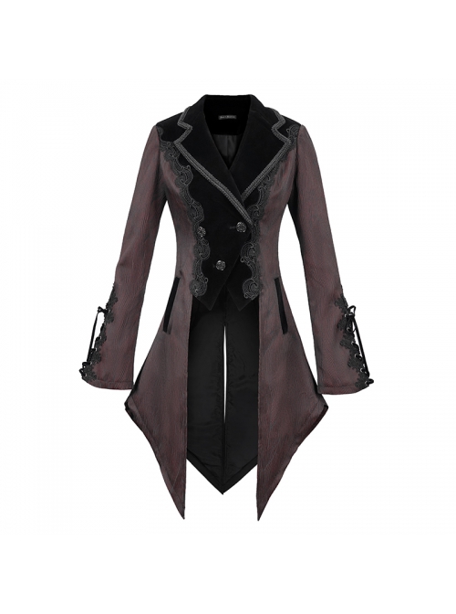 Gothic Style Personality Vertical Stripes Jacquard Fabric Front Center Applique Metal Button Cuffs Tied Wine Red Swallowtail Lace Coat