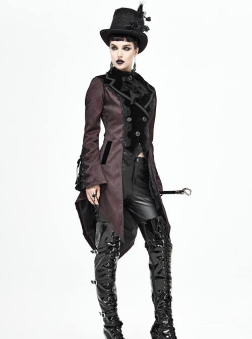 Gothic Style Personality Vertical Stripes Jacquard Fabric Front Center Applique Metal Button Cuffs Tied Wine Red Swallowtail Lace Coat