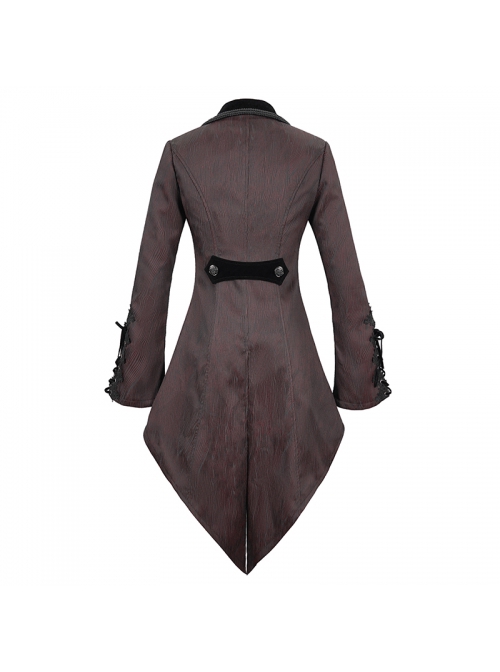 Gothic Style Personality Vertical Stripes Jacquard Fabric Front Center Applique Metal Button Cuffs Tied Wine Red Swallowtail Lace Coat