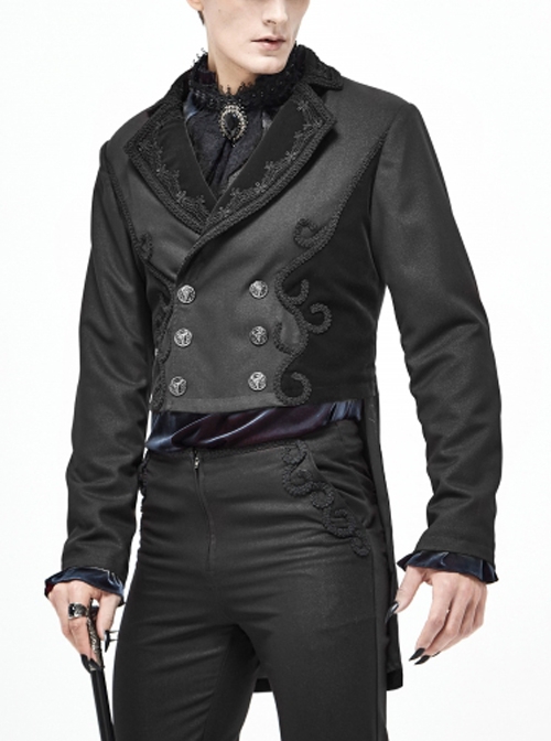 Gothic Retro Twill Stitching Weft Velvet Side Webbing Flower Decoration Black Tailcoat