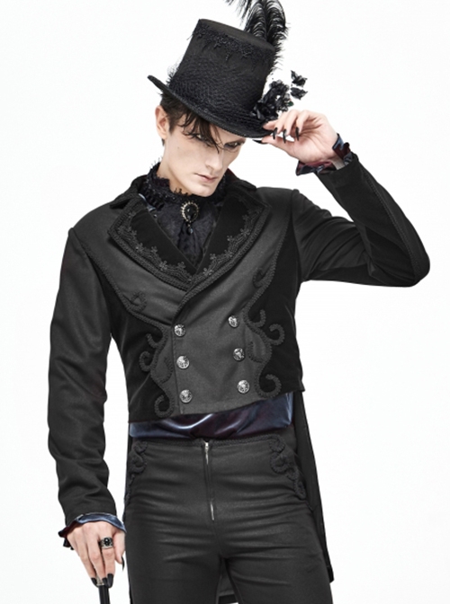 Gothic Retro Twill Stitching Weft Velvet Side Webbing Flower Decoration Black Tailcoat
