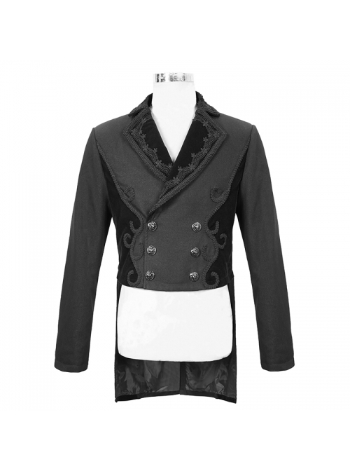 Gothic Retro Twill Stitching Weft Velvet Side Webbing Flower Decoration Black Tailcoat