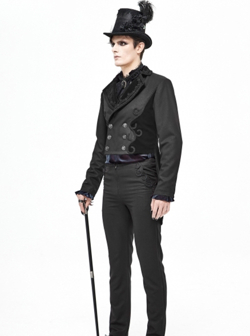 Gothic Retro Twill Stitching Weft Velvet Side Webbing Flower Decoration Black Tailcoat