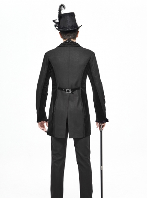 Gothic Retro Twill Stitching Weft Velvet Side Webbing Flower Decoration Black Tailcoat