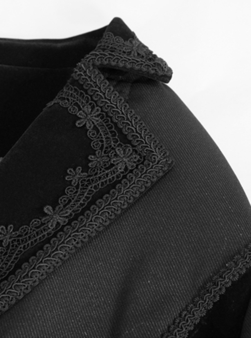 Gothic Retro Twill Stitching Weft Velvet Side Webbing Flower Decoration Black Tailcoat