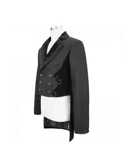 Gothic Retro Twill Stitching Weft Velvet Side Webbing Flower Decoration Black Tailcoat