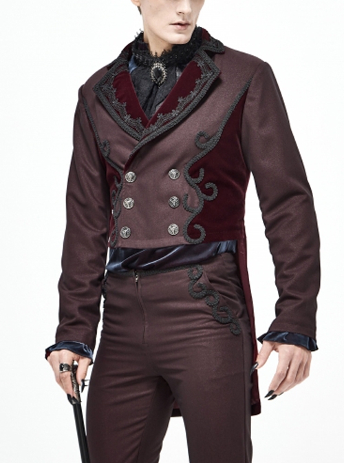 Gothic Retro Twill Stitching Weft Velvet Side Webbing Flower Decoration Wine Red Tailcoat