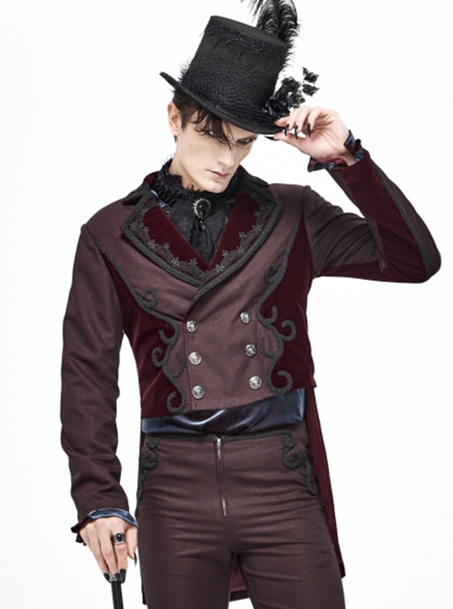 Gothic Retro Twill Stitching Weft Velvet Side Webbing Flower Decoration Wine Red Tailcoat
